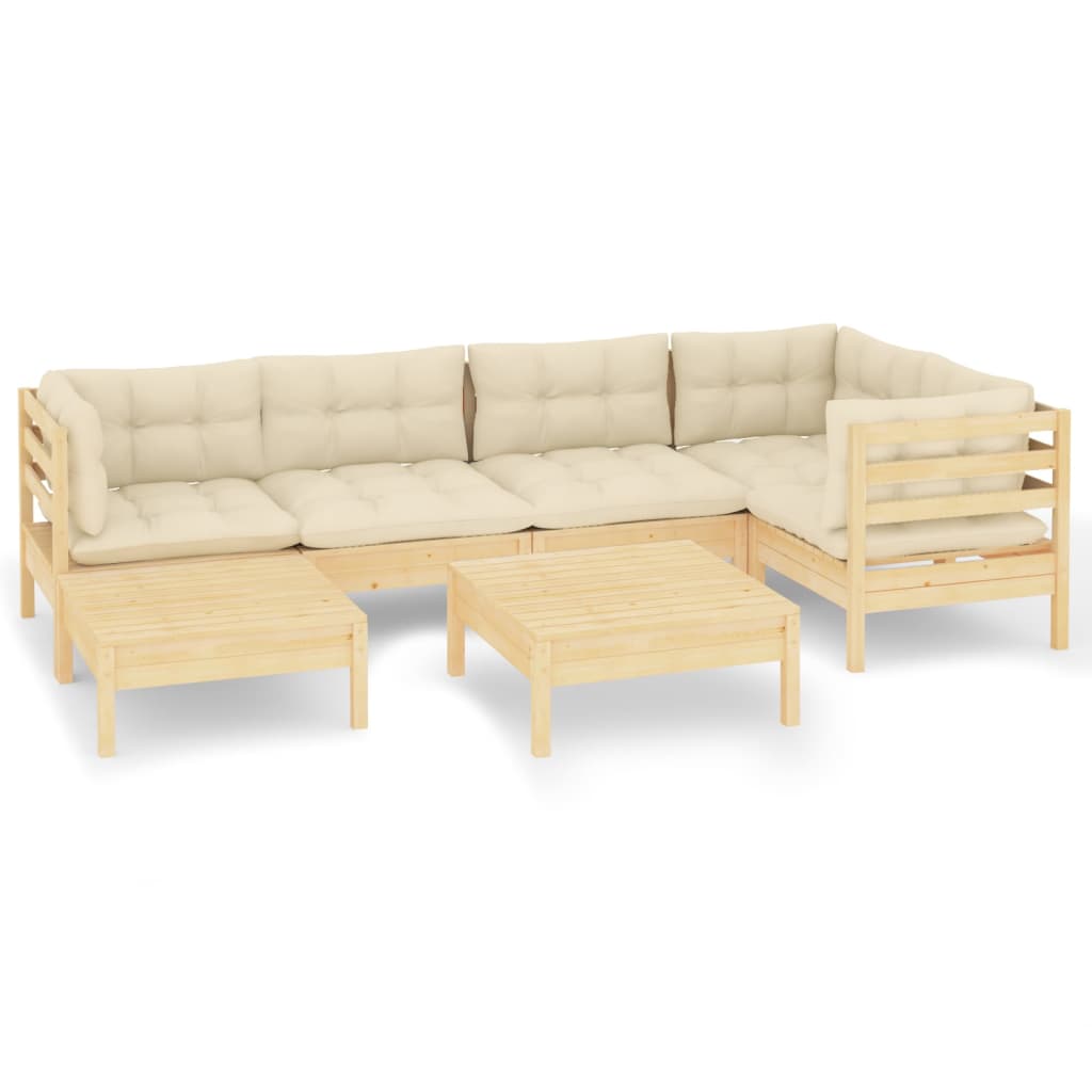 Set Mobilier Grădină Cu Perne Crem, 7 Piese, Lemn Masiv Pin
