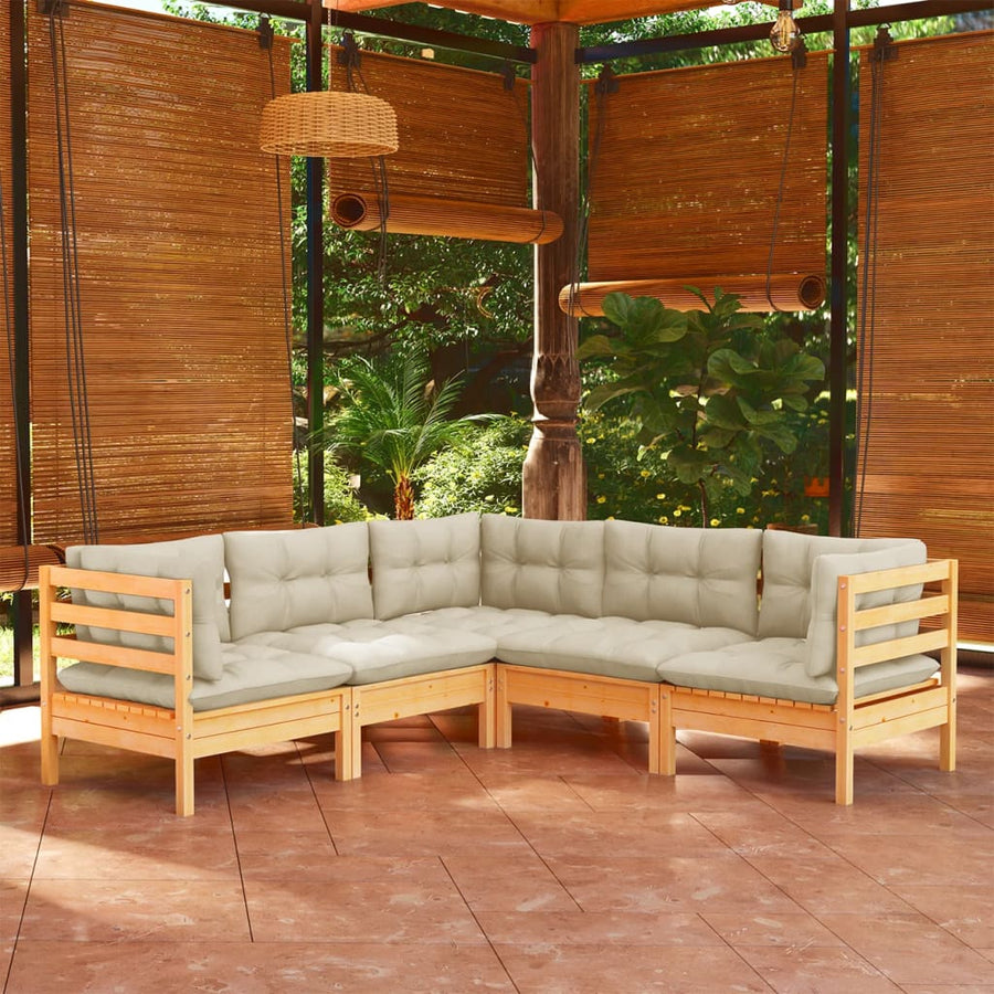 Set Mobilier Grădină Cu Perne Crem, 5 Piese, Lemn Masiv Pin