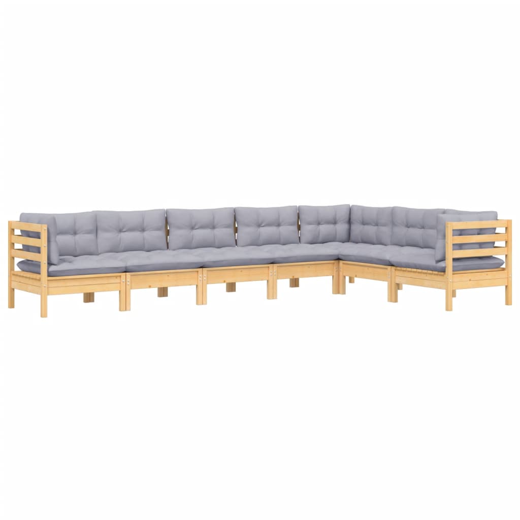 Set Mobilier Grădină Cu Perne Gri, 7 Piese, Lemn Masiv De Pin