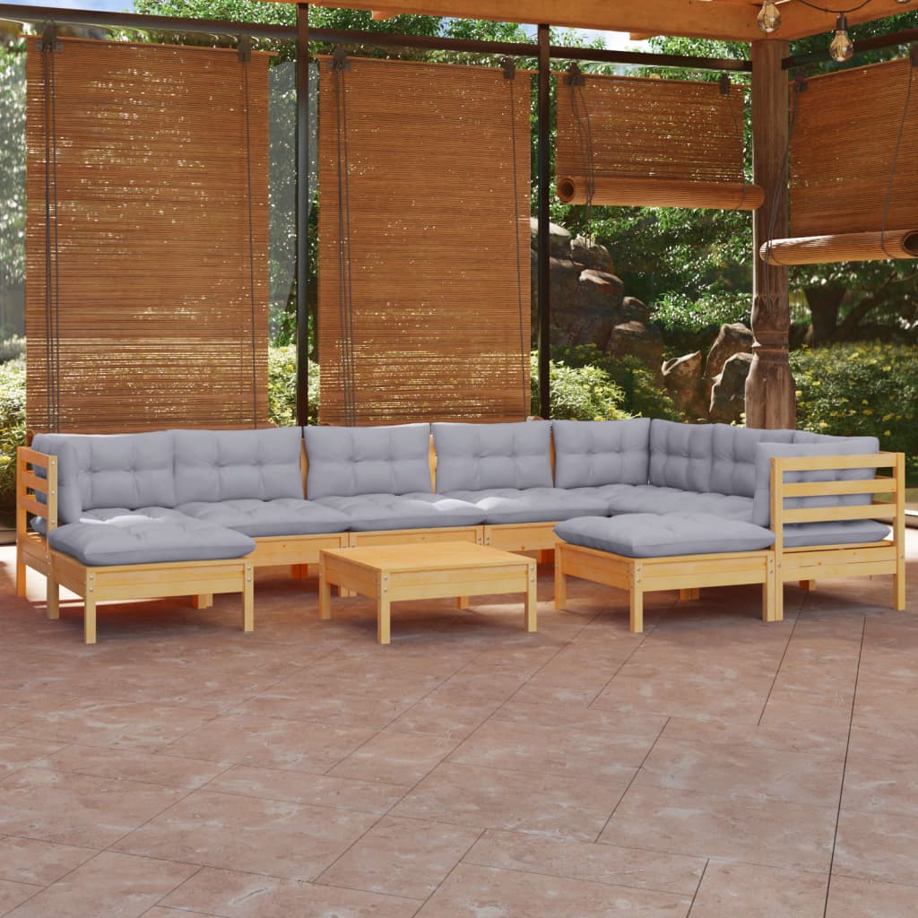 Set Mobilier Grădină Cu Perne, 10 Piese, Gri, Lemn Masiv Pin