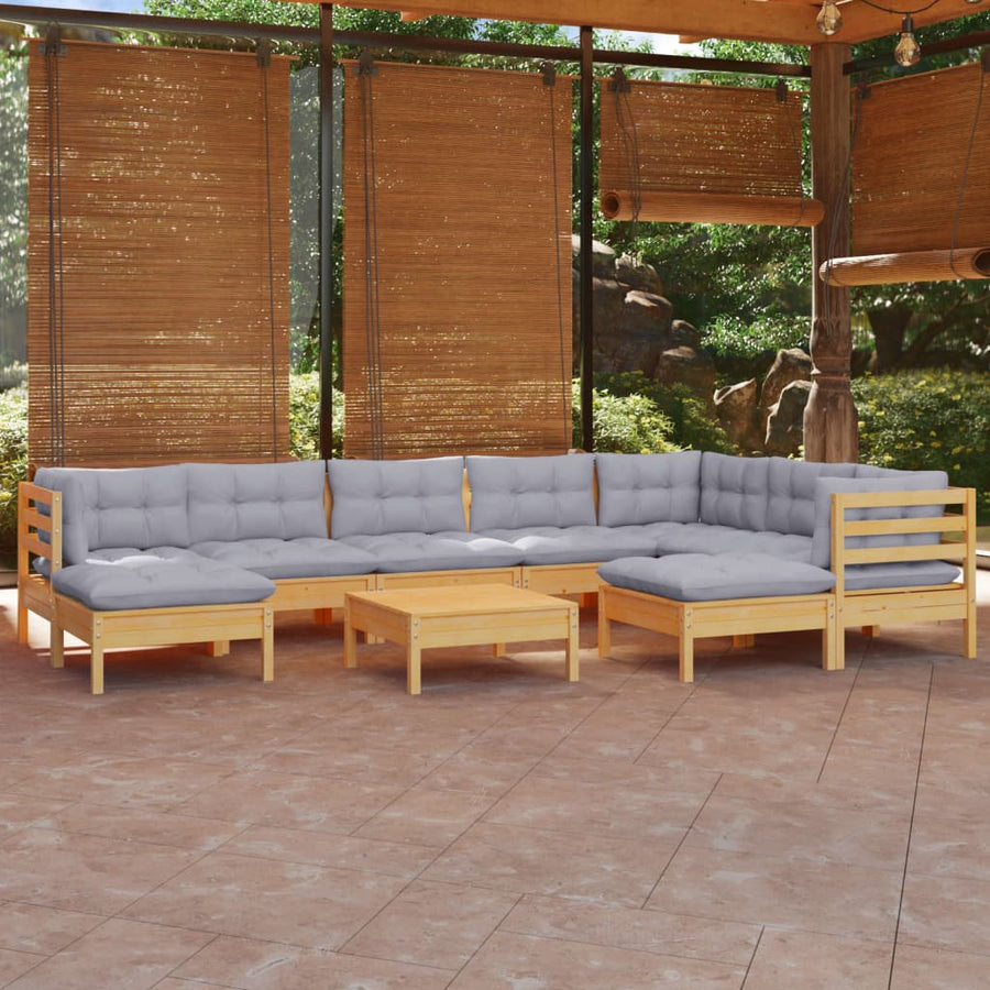 Set Mobilier Grădină Cu Perne, 10 Piese, Gri, Lemn Masiv Pin
