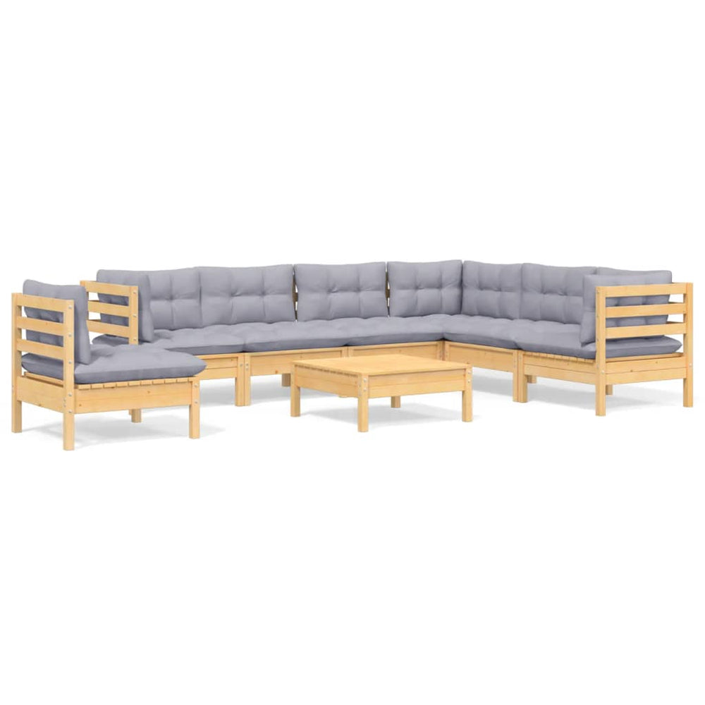 Set Mobilier De Grădină Cu Perne Gri, 8 Piese, Lemn Masiv Pin