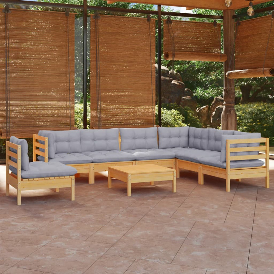 Set Mobilier De Grădină Cu Perne Gri, 8 Piese, Lemn Masiv Pin