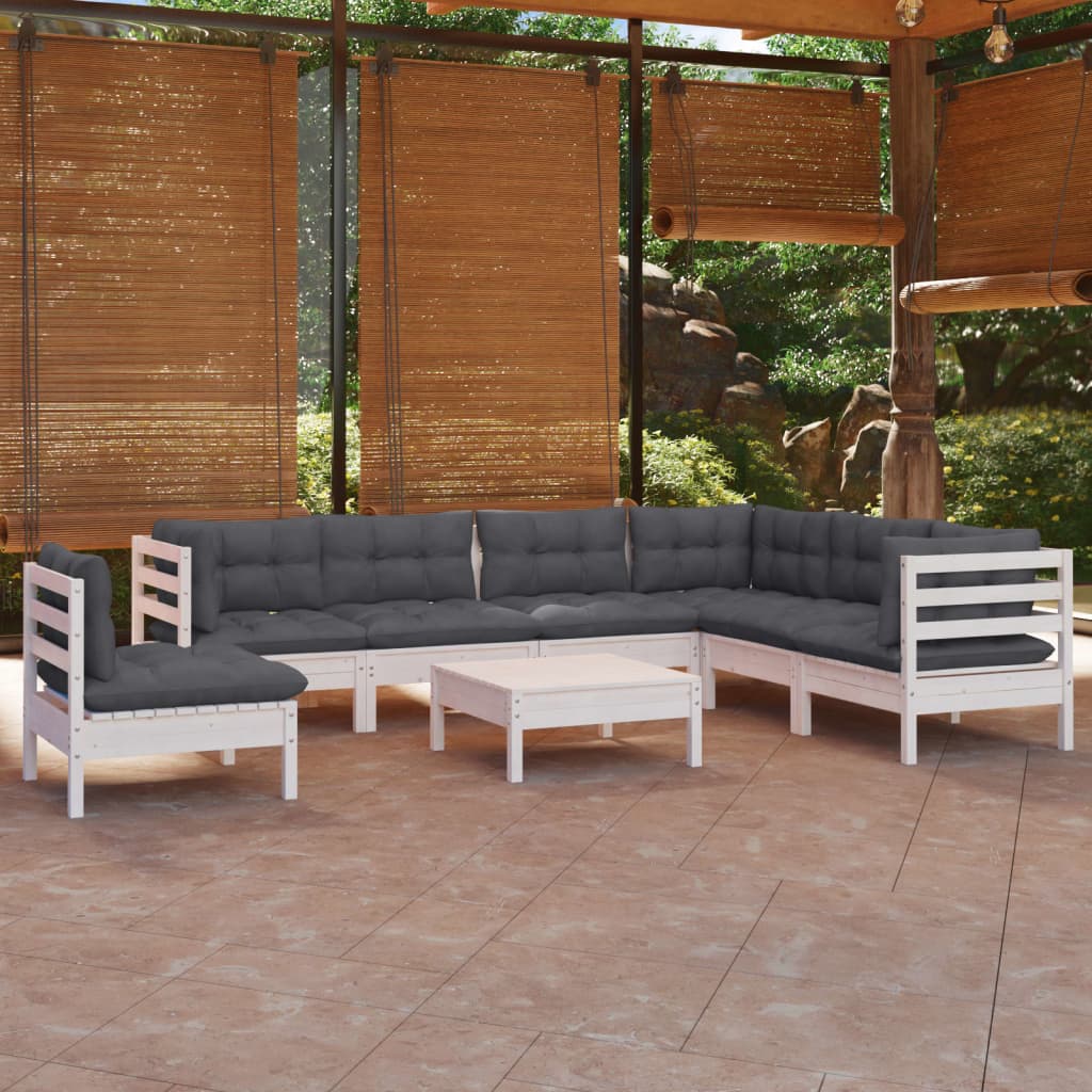 Set Mobilier De Grădină Cu Perne Gri, 8 Piese, Lemn Masiv Pin