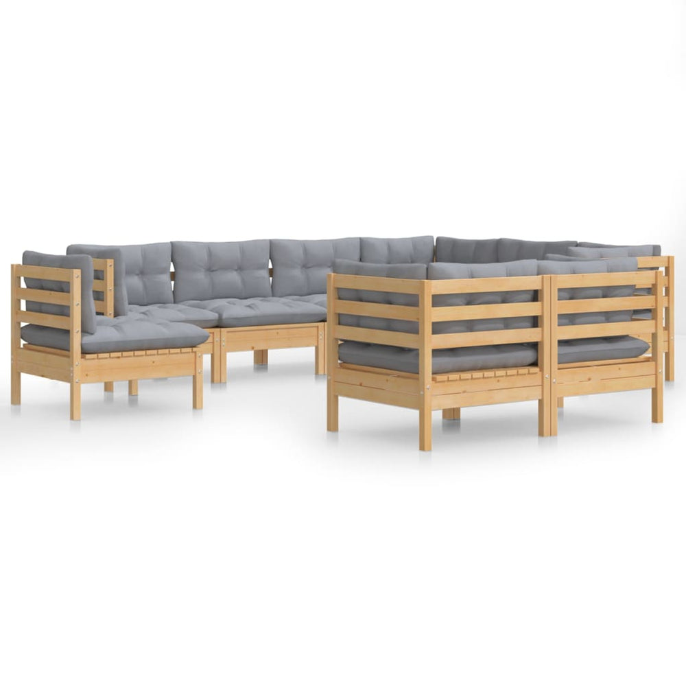 Set Mobilier De Grădină Cu Perne Gri, 9 Piese, Lemn Masiv Pin