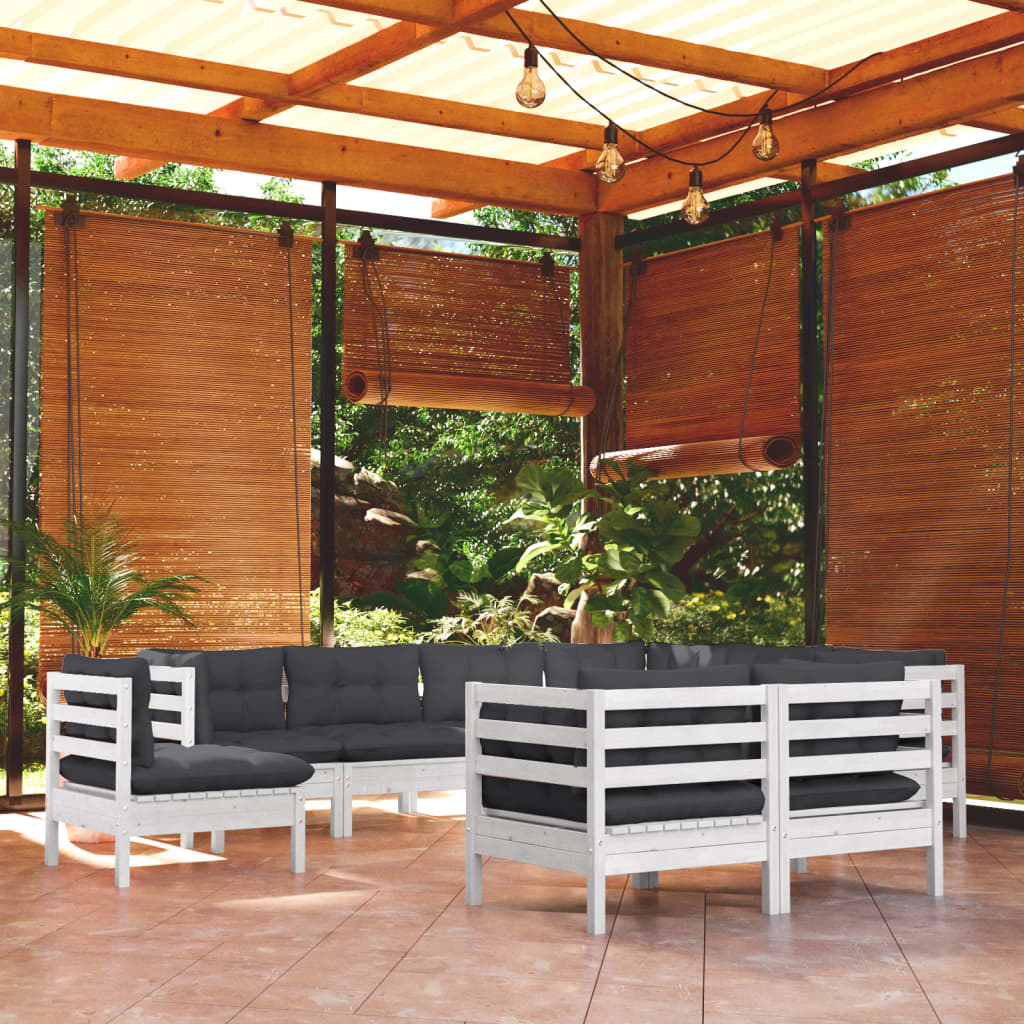 Set Mobilier De Grădină Cu Perne Gri, 9 Piese, Lemn Masiv Pin
