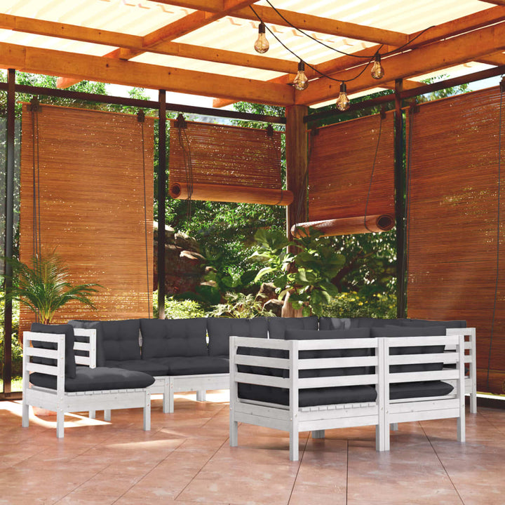 Set Mobilier De Grădină Cu Perne Gri, 9 Piese, Lemn Masiv Pin
