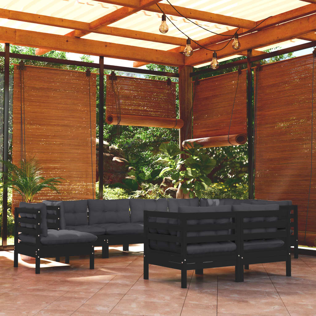 Set Mobilier De Grădină Cu Perne Gri, 9 Piese, Lemn Masiv Pin