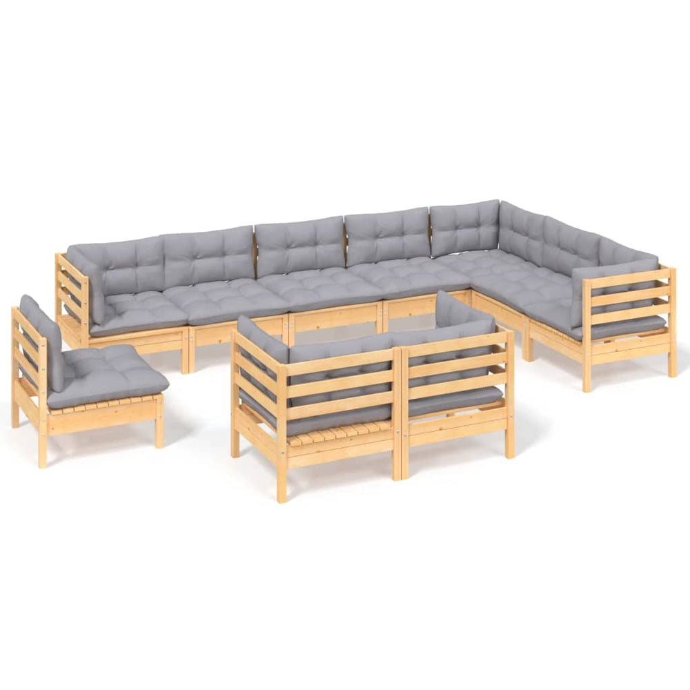 Set Mobilier Grădină Cu Perne, 10 Piese, Gri, Lemn Masiv Pin