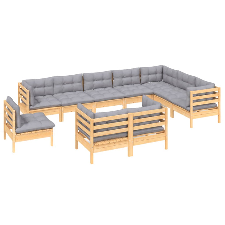 Set Mobilier Grădină Cu Perne, 10 Piese, Gri, Lemn Masiv Pin