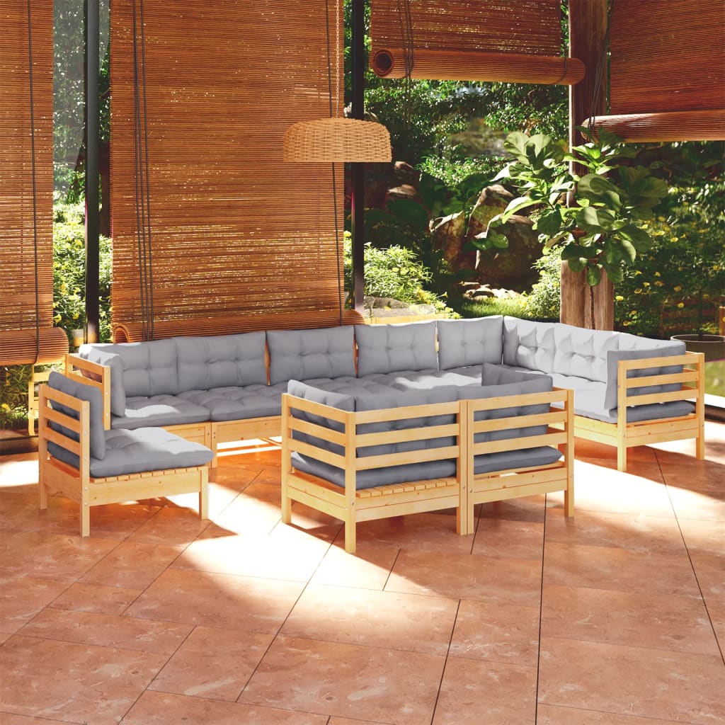 Set Mobilier Grădină Cu Perne, 10 Piese, Gri, Lemn Masiv Pin