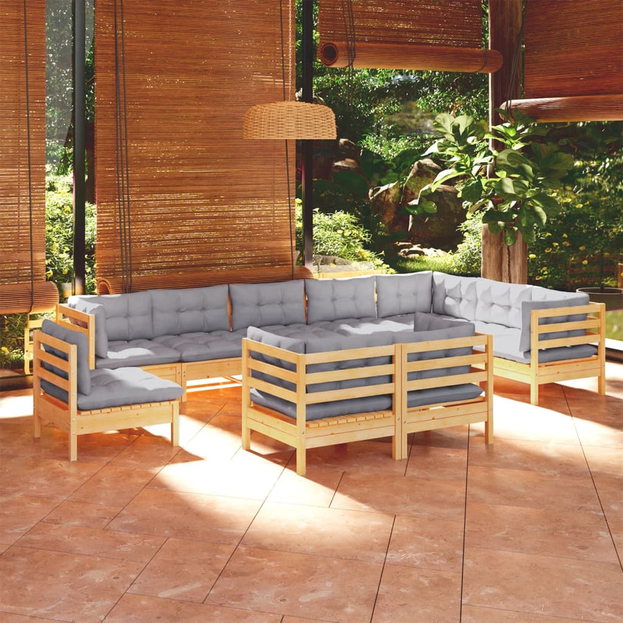 Set Mobilier Grădină Cu Perne, 10 Piese, Gri, Lemn Masiv Pin