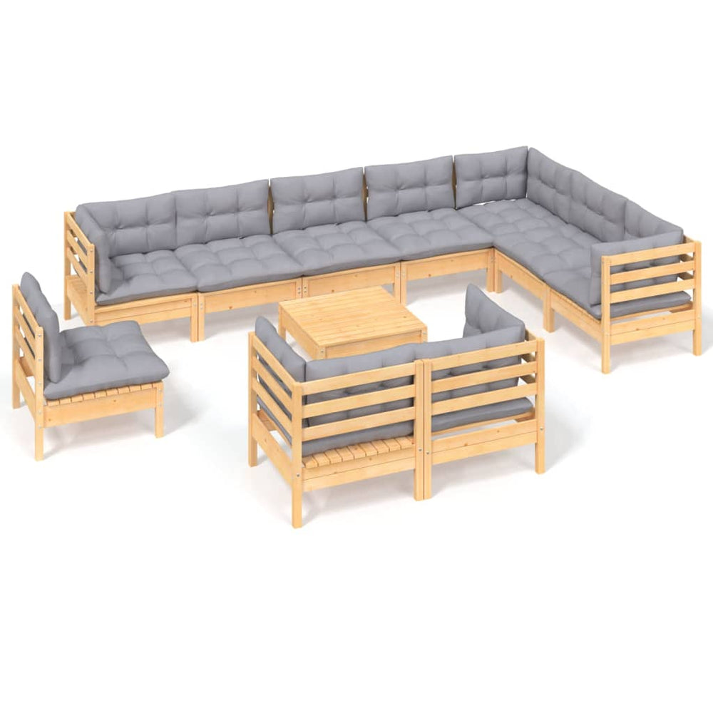 Set Mobilier De Grădină Cu Perne, 11 Piese, Gri, Lemn Masiv Pin