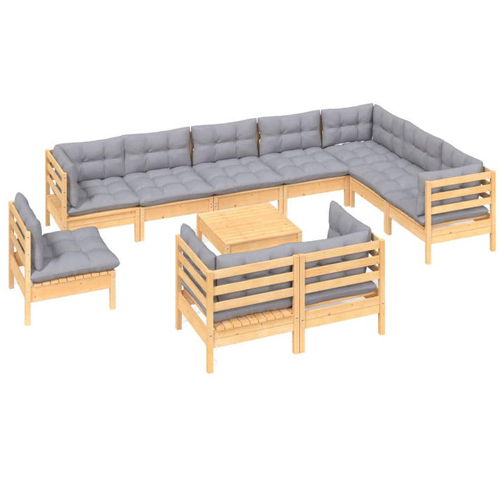 Set Mobilier De Grădină Cu Perne, 11 Piese, Gri, Lemn Masiv Pin