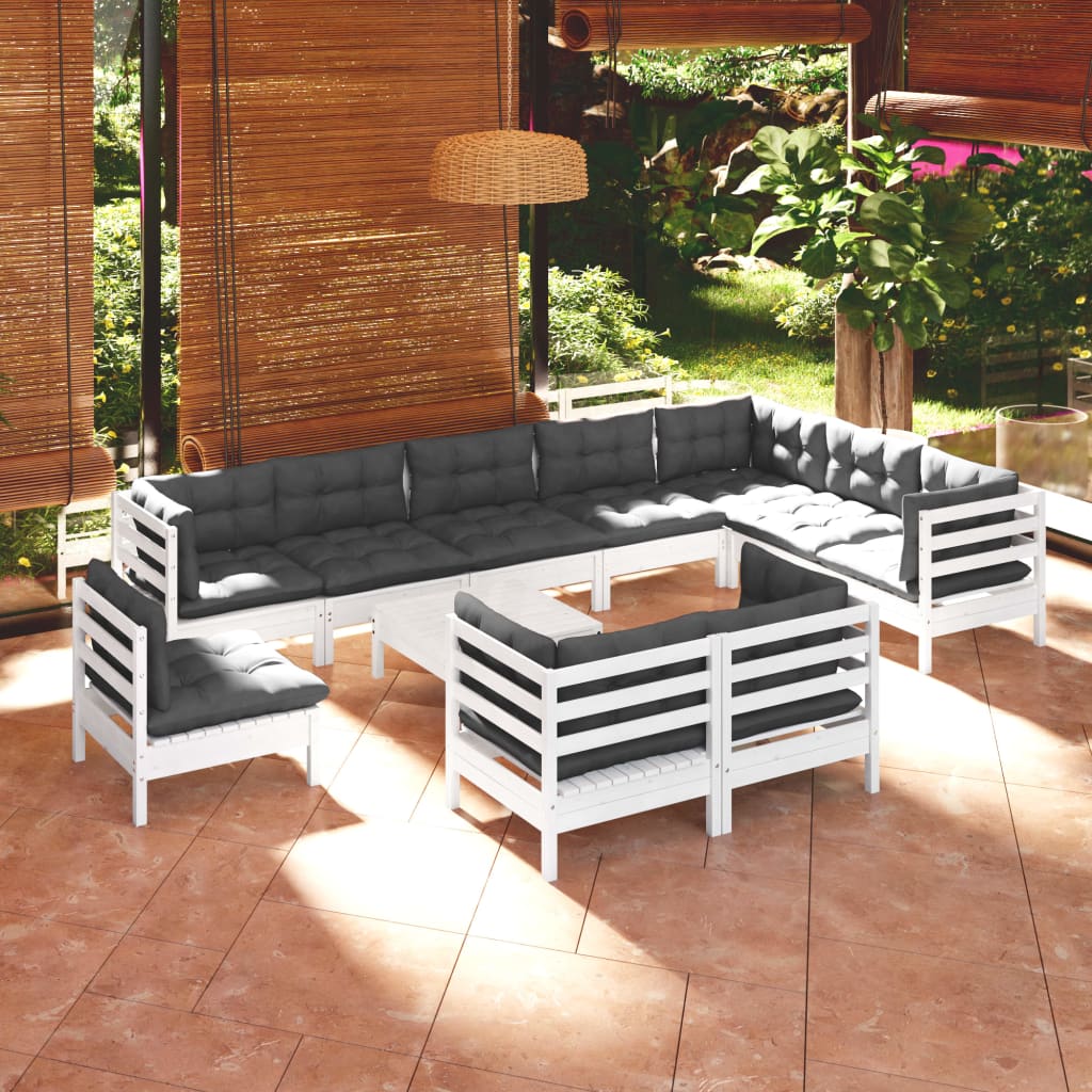 Set Mobilier De Grădină Cu Perne, 11 Piese, Gri, Lemn Masiv Pin