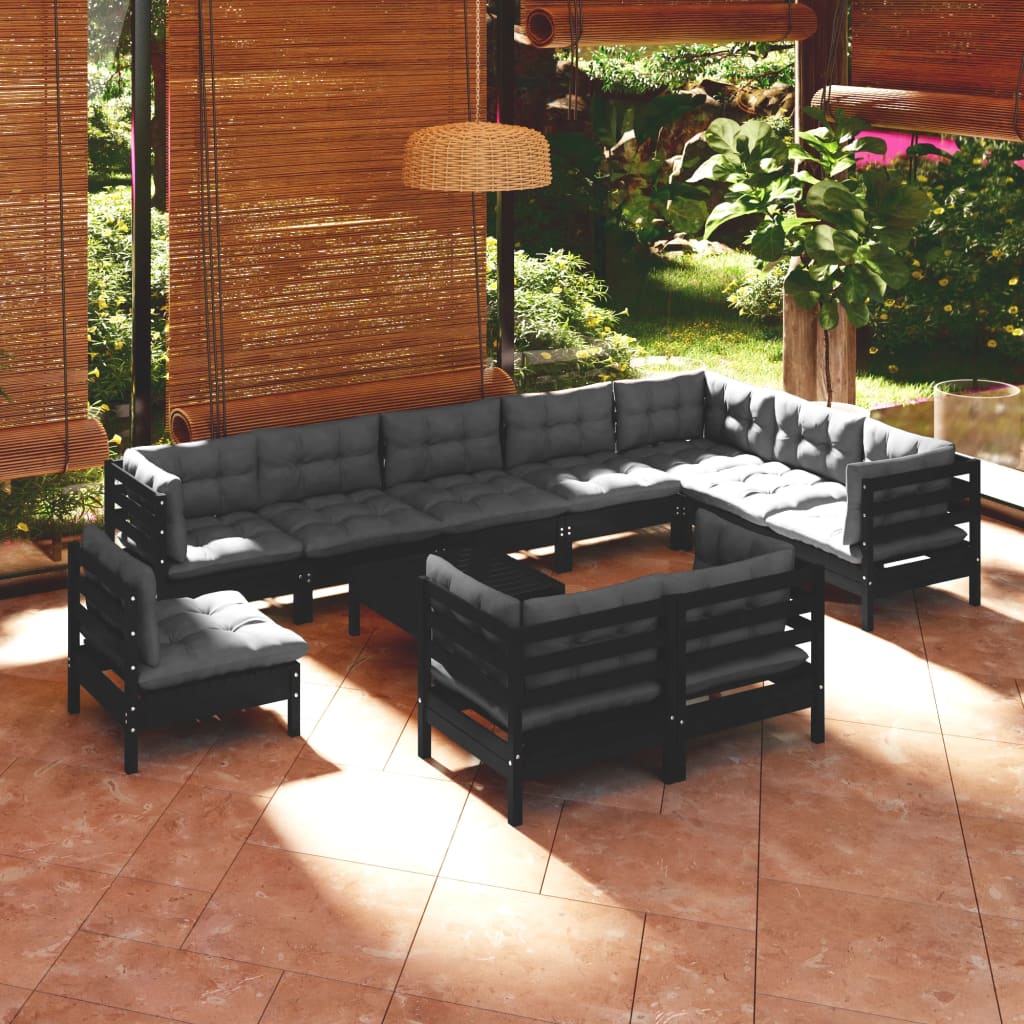 Set Mobilier De Grădină Cu Perne, 11 Piese, Gri, Lemn Masiv Pin