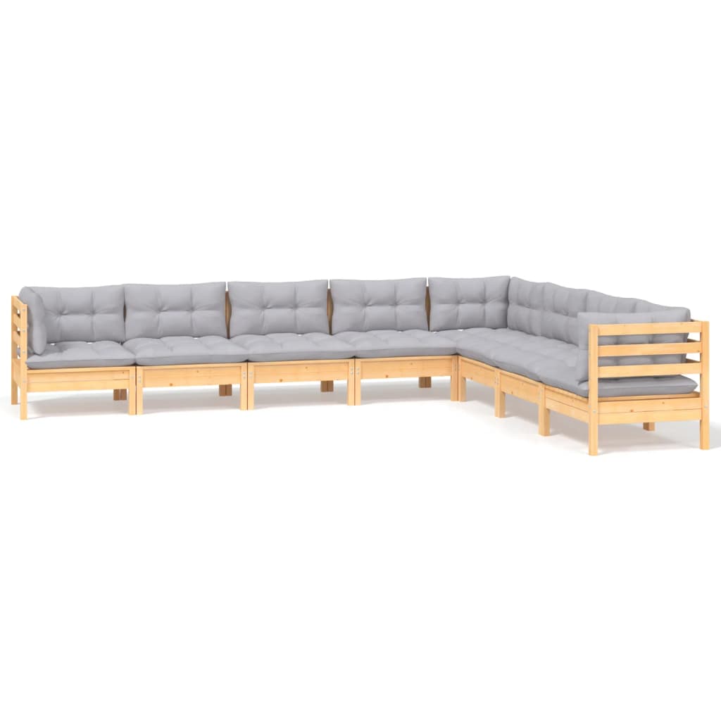 Set Mobilier De Grădină Cu Perne Gri, 8 Piese, Lemn Masiv Pin
