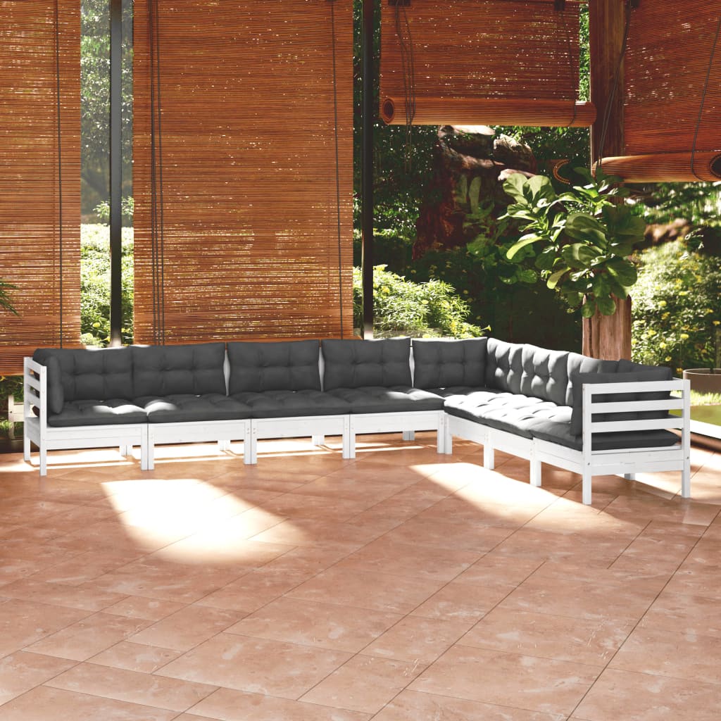 Set Mobilier De Grădină Cu Perne Gri, 8 Piese, Lemn Masiv Pin