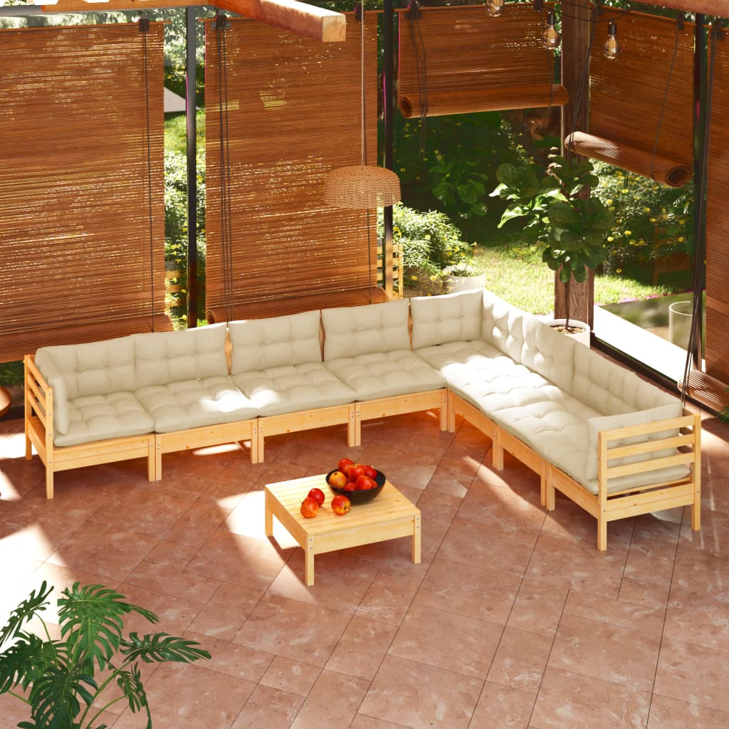 Set Mobilier Grădină Cu Perne Crem, 9 Piese, Lemn Masiv De Pin