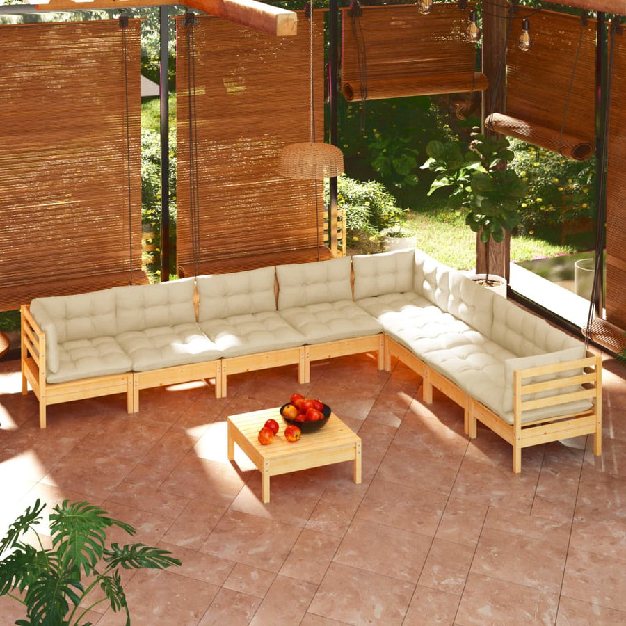 Set Mobilier Grădină Cu Perne Crem, 9 Piese, Lemn Masiv De Pin