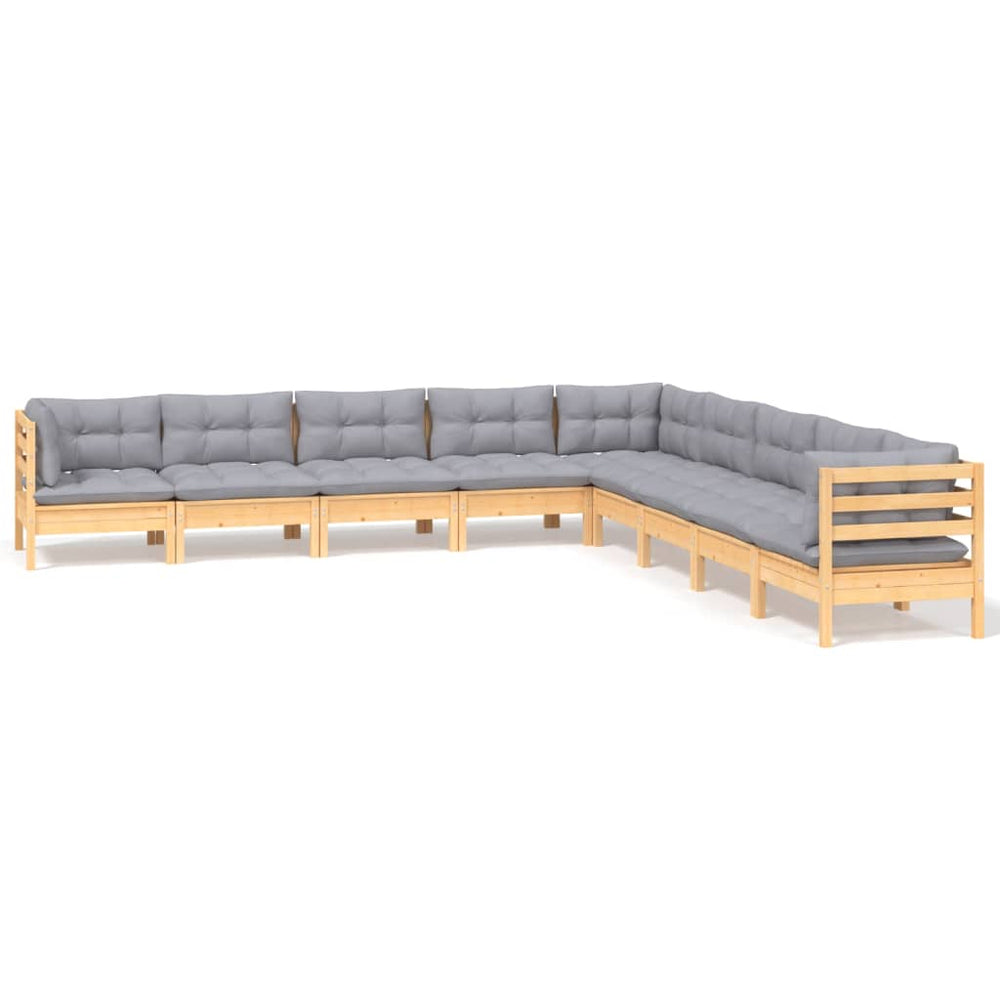 Set Mobilier De Grădină Cu Perne Gri, 9 Piese, Lemn Masiv Pin