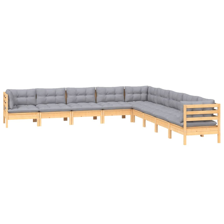 Set Mobilier De Grădină Cu Perne Gri, 9 Piese, Lemn Masiv Pin