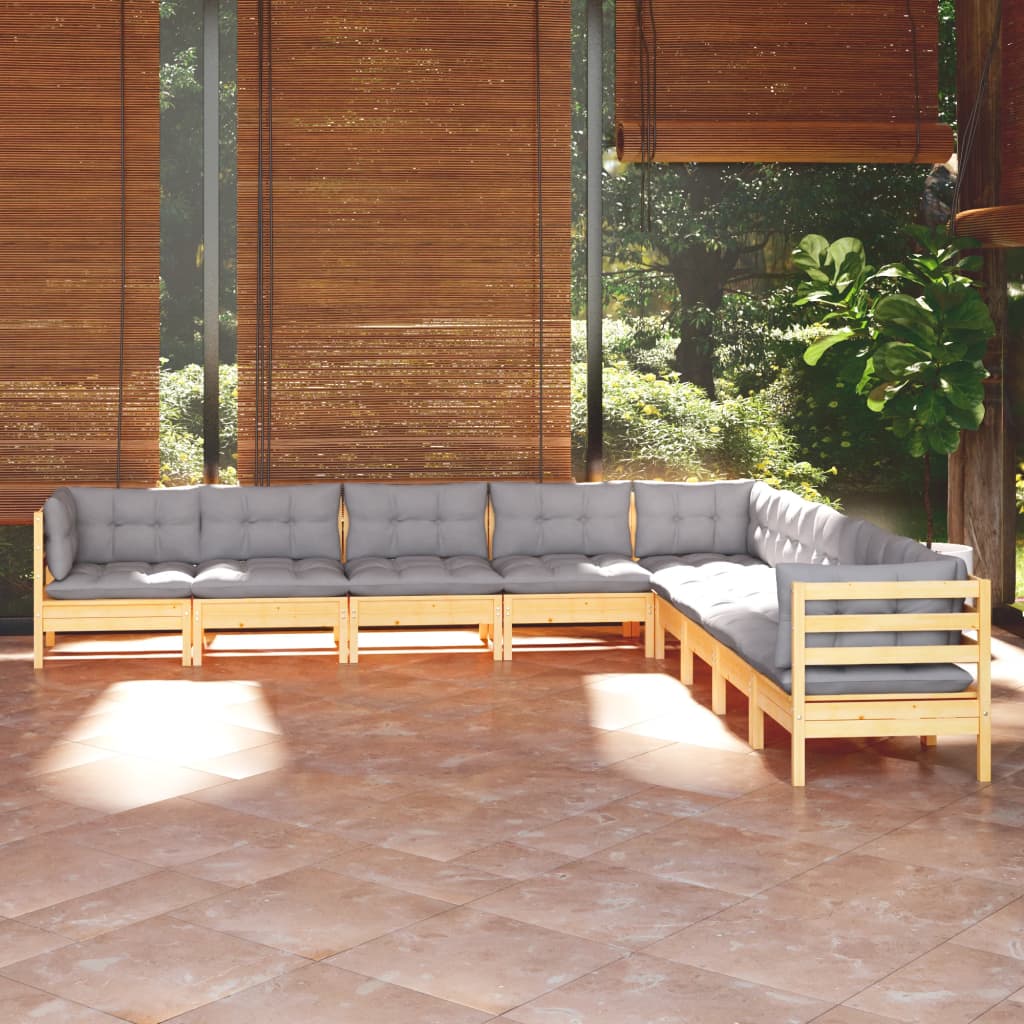 Set Mobilier De Grădină Cu Perne Gri, 9 Piese, Lemn Masiv Pin