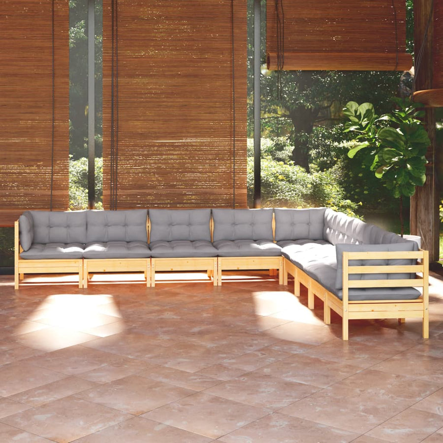 Set Mobilier De Grădină Cu Perne Gri, 9 Piese, Lemn Masiv Pin