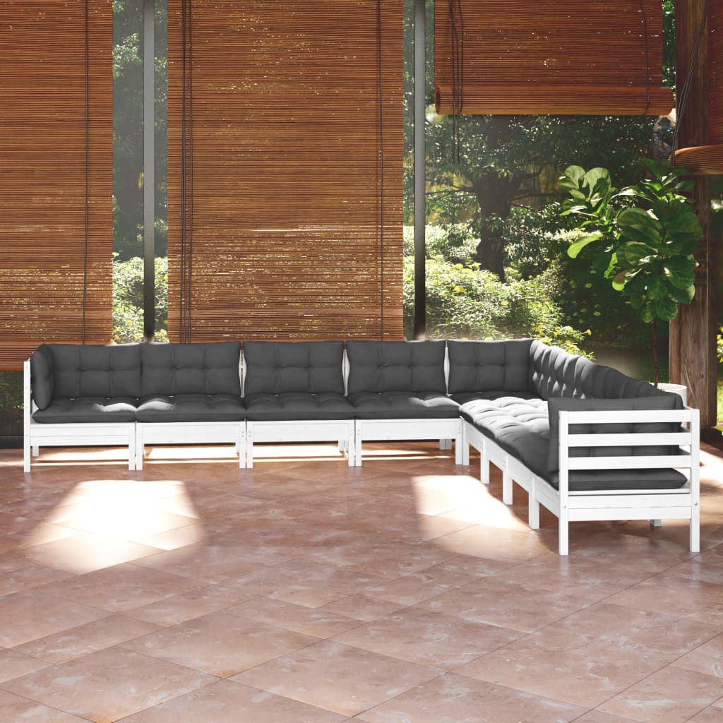 Set Mobilier De Grădină Cu Perne Gri, 9 Piese, Lemn Masiv Pin