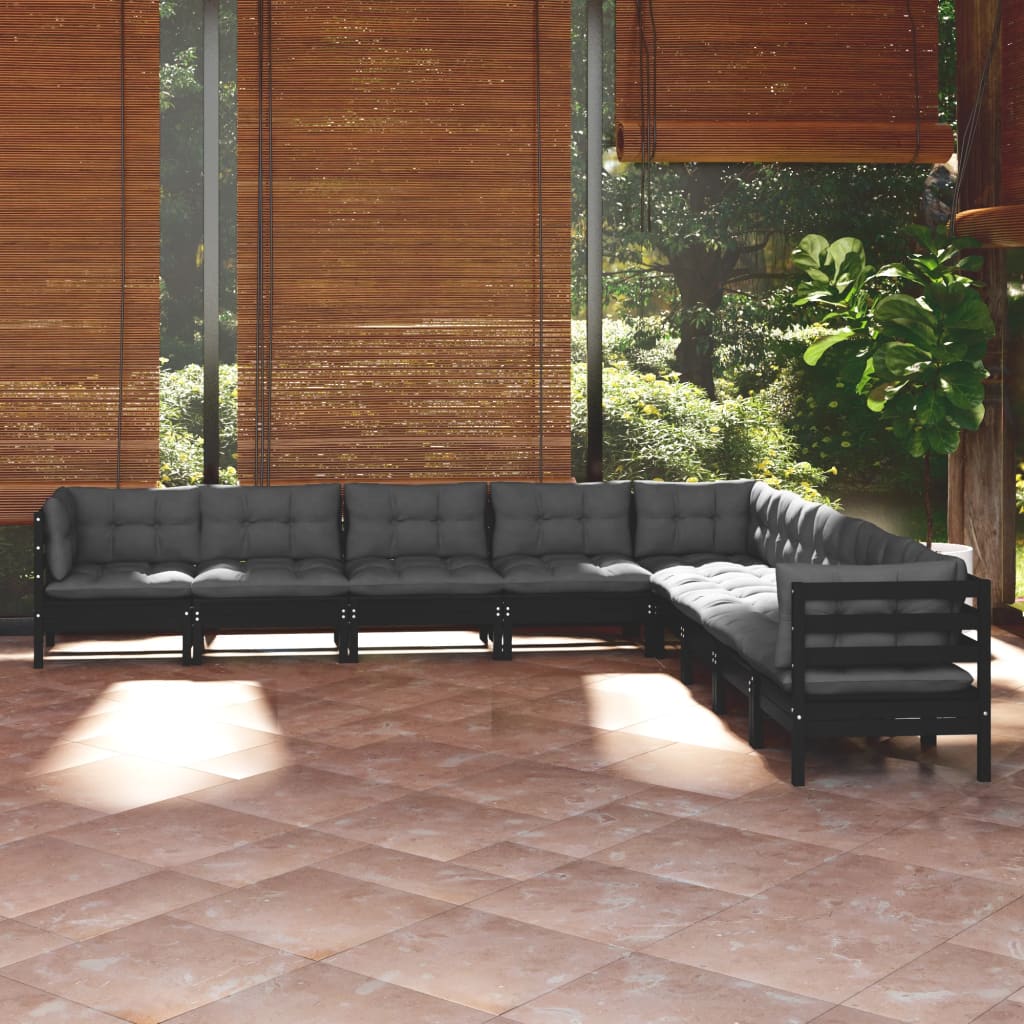 Set Mobilier De Grădină Cu Perne Gri, 9 Piese, Lemn Masiv Pin