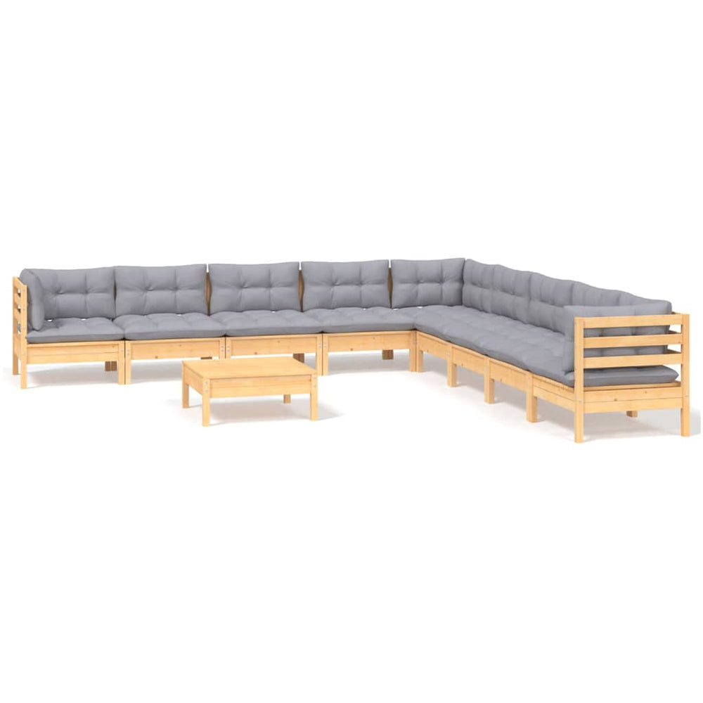Set Mobilier Grădină Cu Perne, 10 Piese, Gri, Lemn Masiv Pin