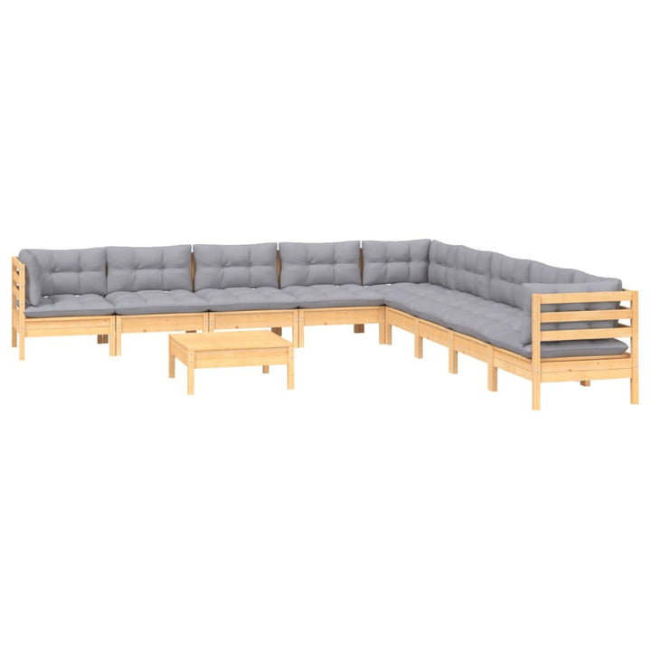 Set Mobilier Grădină Cu Perne, 10 Piese, Gri, Lemn Masiv Pin