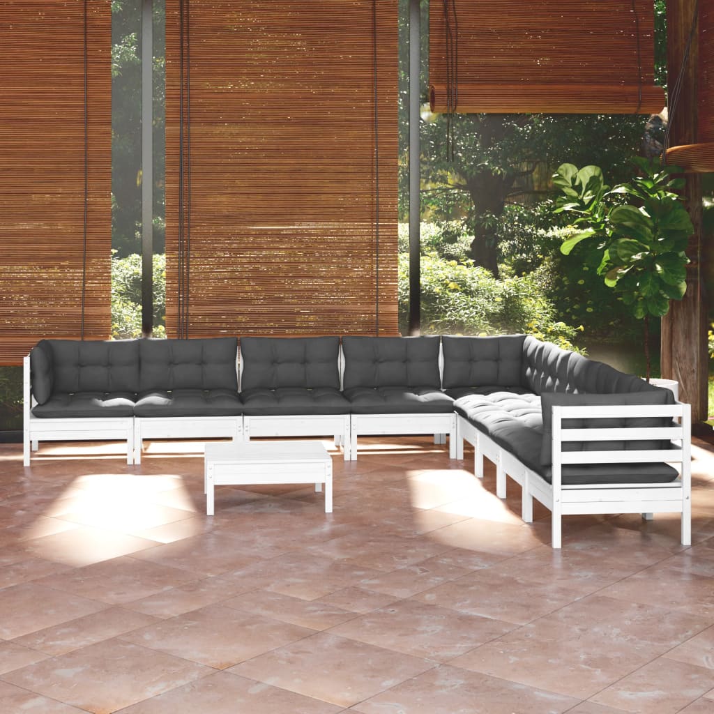Set Mobilier Grădină Cu Perne, 10 Piese, Gri, Lemn Masiv Pin
