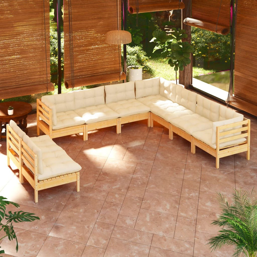 Set Mobilier Grădină Cu Perne Crem, 9 Piese, Lemn Masiv De Pin