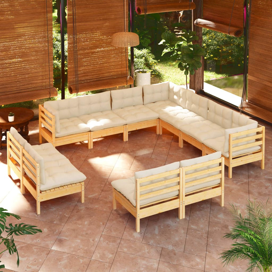 Set Mobilier Grădină Cu Perne Crem, 11 Piese, Lemn Masiv De Pin