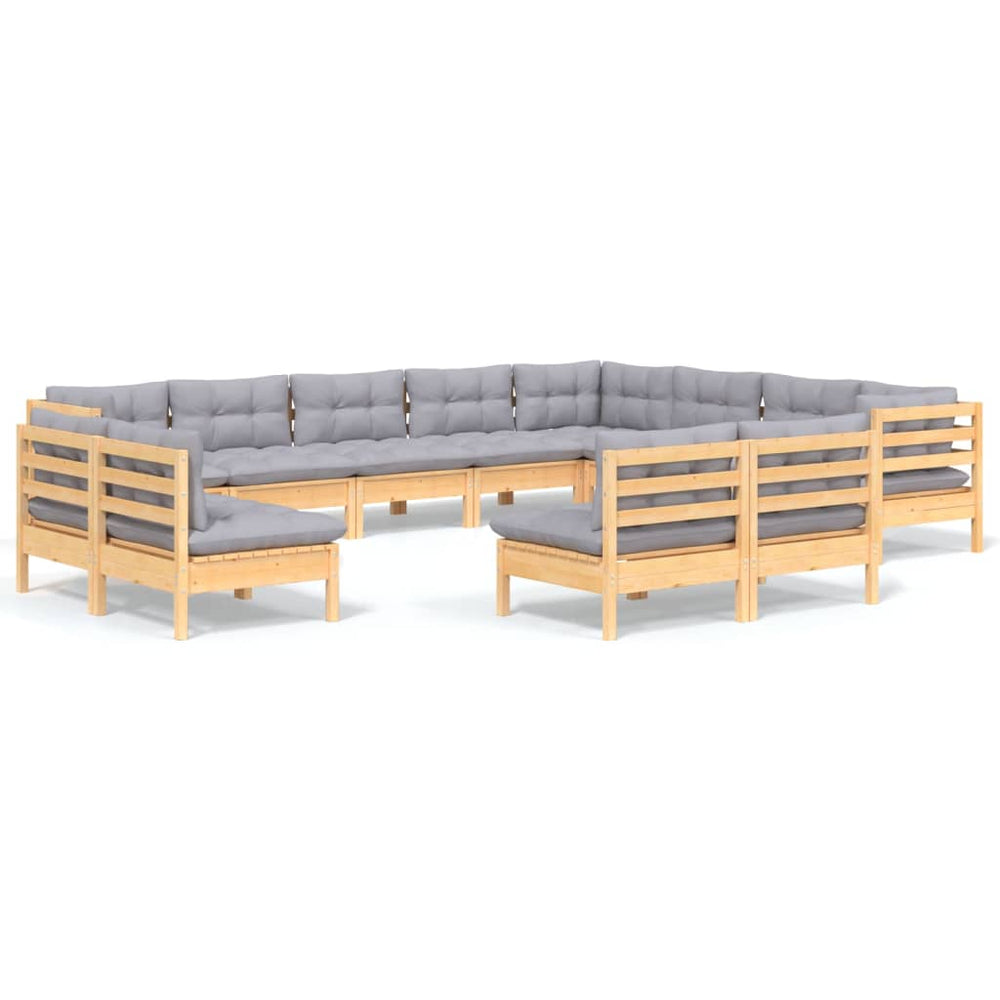 Set Mobilier Grădină Cu Perne, 12 Piese, Gri, Lemn Masiv Pin