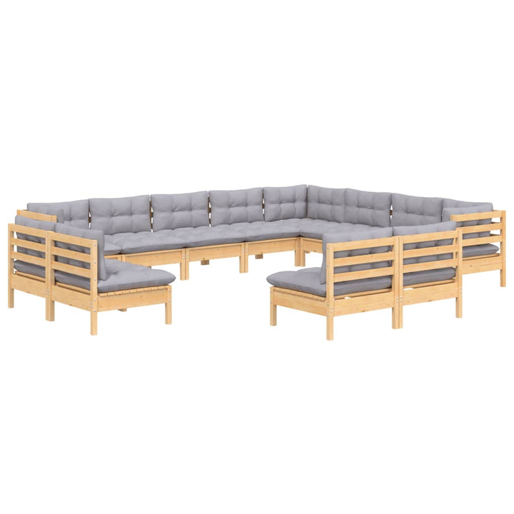Set Mobilier Grădină Cu Perne, 12 Piese, Gri, Lemn Masiv Pin