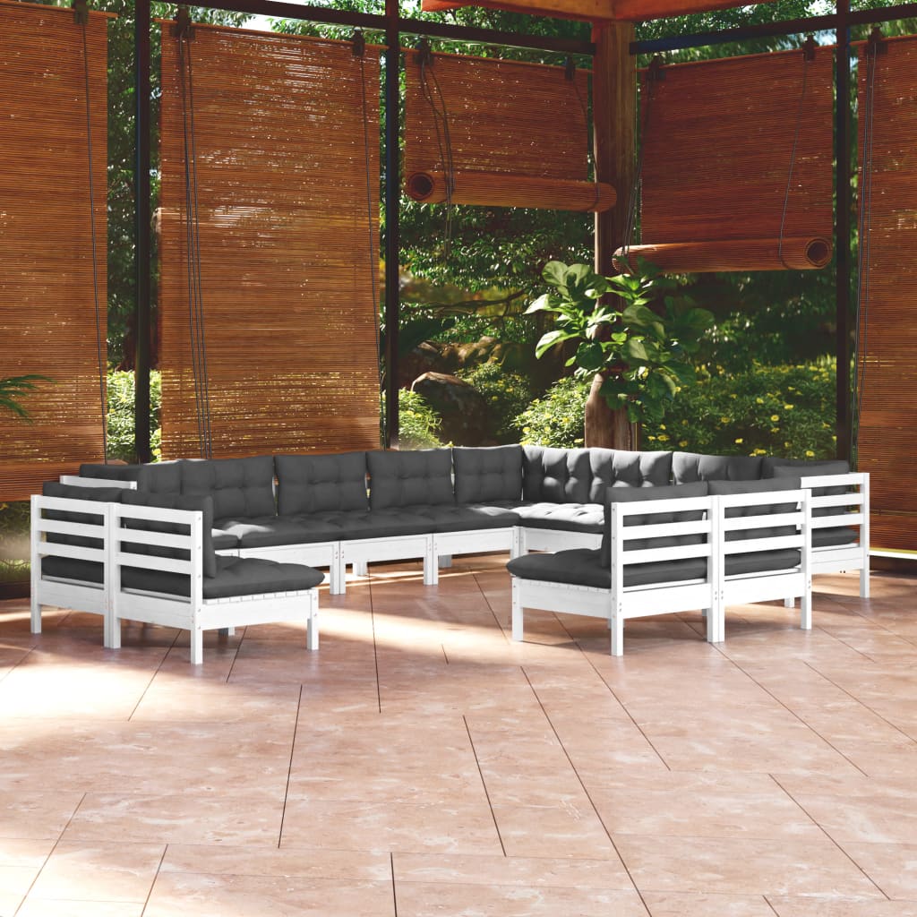 Set Mobilier Grădină Cu Perne, 12 Piese, Gri, Lemn Masiv Pin