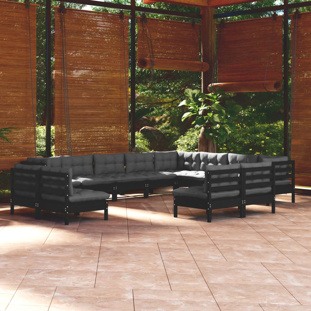 Set Mobilier Grădină Cu Perne, 12 Piese, Gri, Lemn Masiv Pin