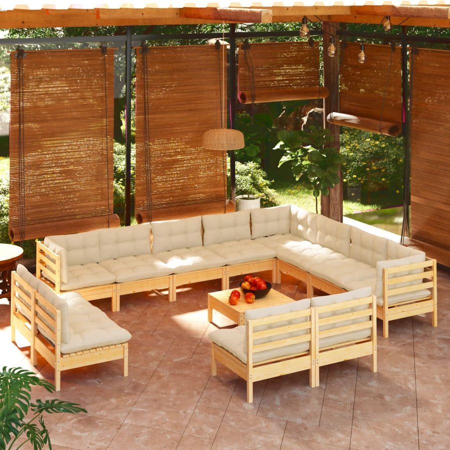 Set Mobilier Grădină Cu Perne Crem, 13 Piese, Lemn Masiv De Pin