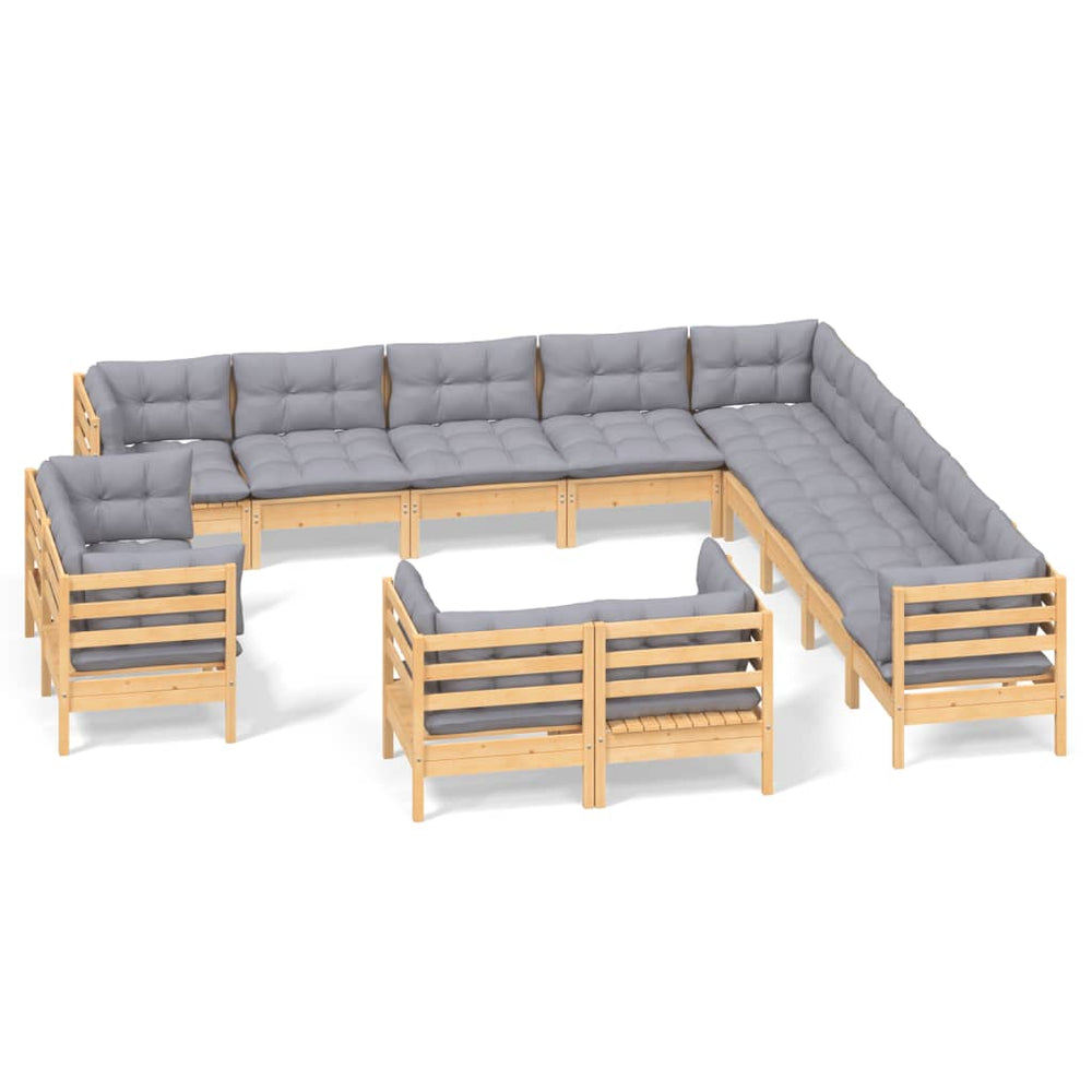 Set Mobilier De Grădină Cu Perne, 13 Piese Gri, Lemn Masiv Pin