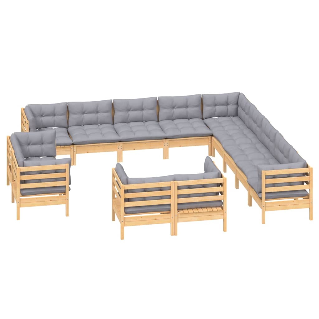 Set Mobilier De Grădină Cu Perne, 13 Piese Gri, Lemn Masiv Pin