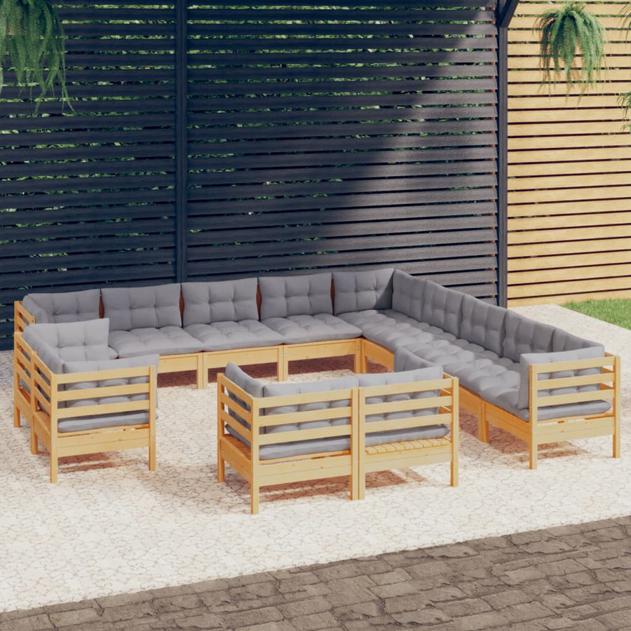 Set Mobilier De Grădină Cu Perne, 13 Piese Gri, Lemn Masiv Pin