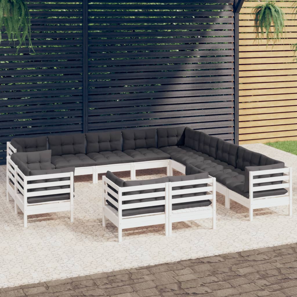 Set Mobilier De Grădină Cu Perne, 13 Piese Gri, Lemn Masiv Pin