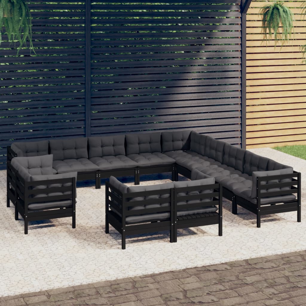 Set Mobilier De Grădină Cu Perne, 13 Piese Gri, Lemn Masiv Pin