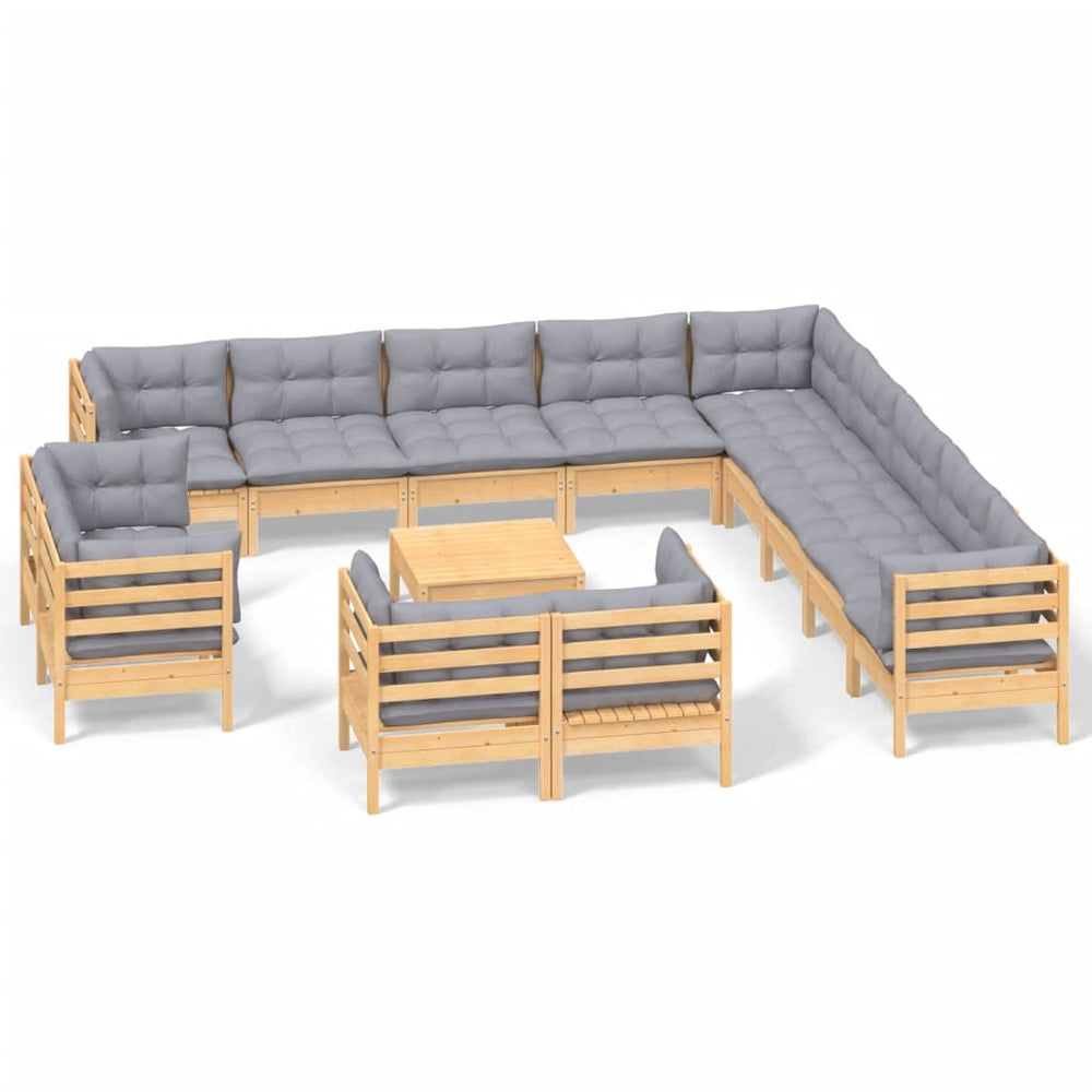Set Mobilier Grădină Cu Perne, 14 Piese, Gri, Lemn Masiv Pin