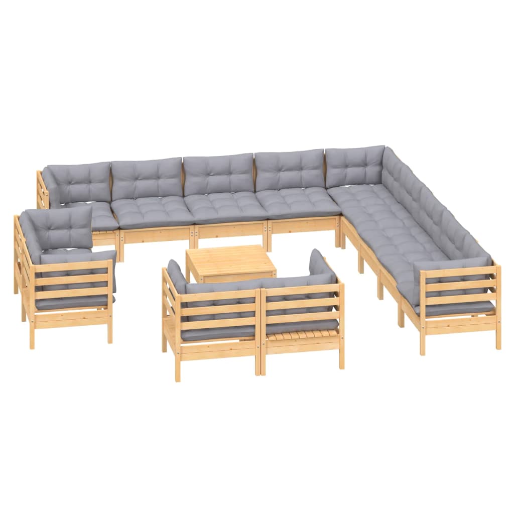 Set Mobilier Grădină Cu Perne, 14 Piese, Gri, Lemn Masiv Pin