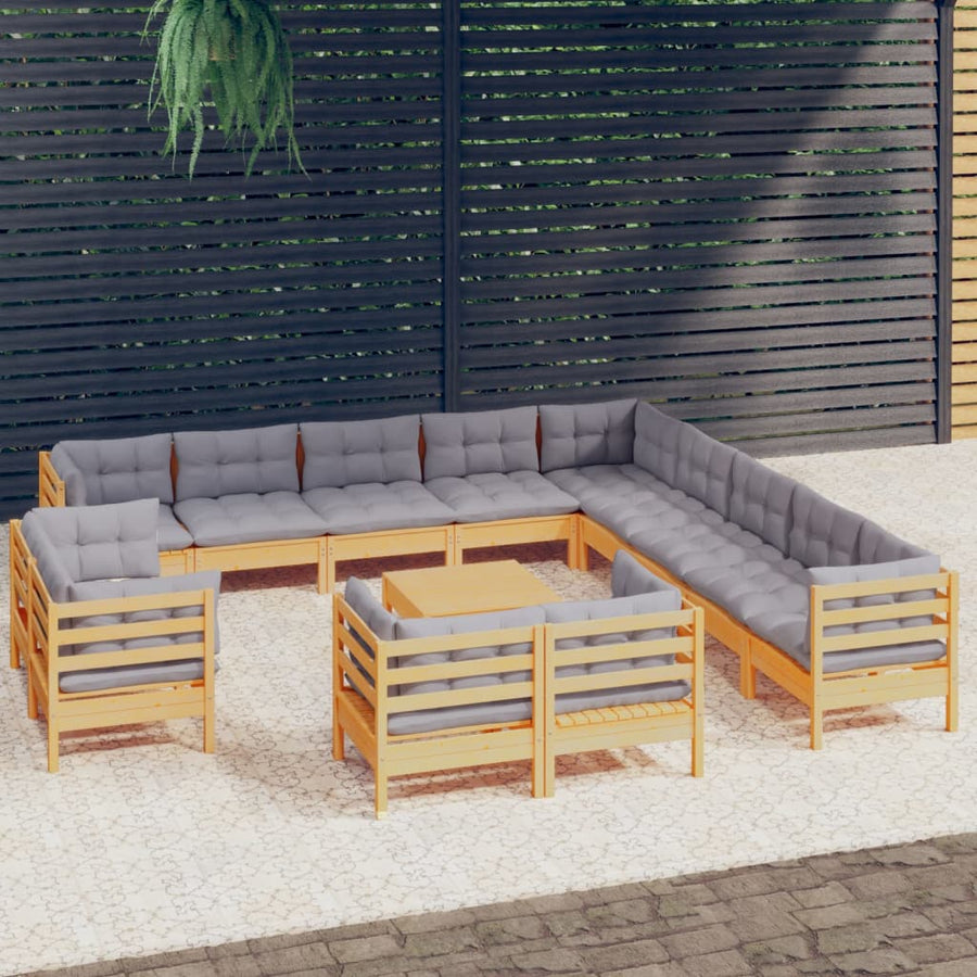 Set Mobilier Grădină Cu Perne, 14 Piese, Gri, Lemn Masiv Pin