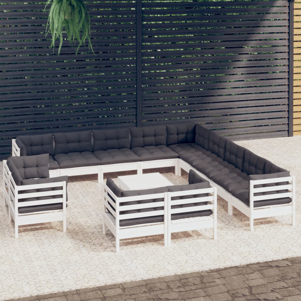 Set Mobilier Grădină Cu Perne, 14 Piese, Gri, Lemn Masiv Pin
