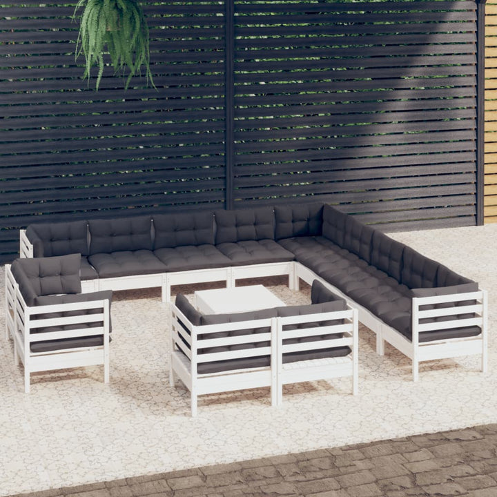 Set Mobilier Grădină Cu Perne, 14 Piese, Gri, Lemn Masiv Pin